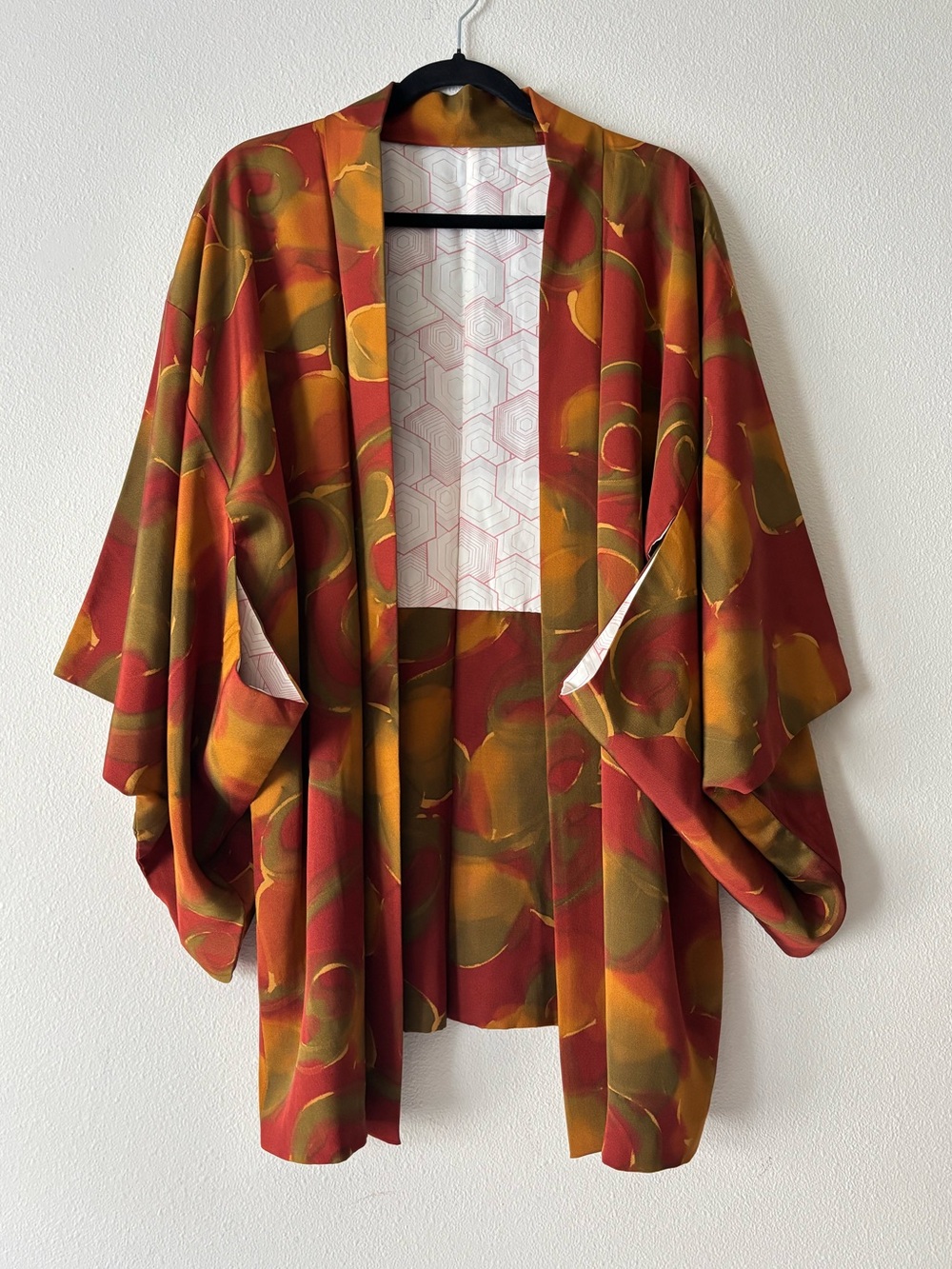 Japanese Handmade Kimono Haori Open Front Shawl Sweater in Fall Rust Multicolor